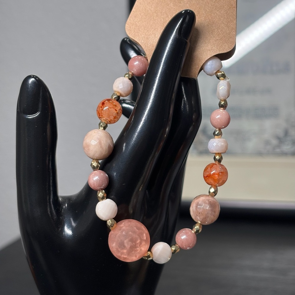 Handmade Bracelet Pink Beige Orange Bracelet Rhinestones Sherra’s Touch New